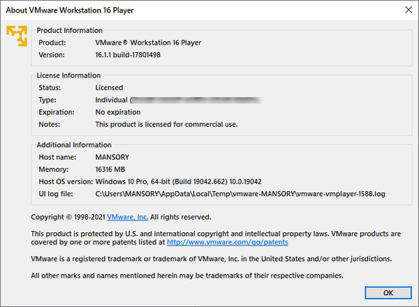 VMware Workstation Player 16.1.1 Build 17801498 Commercial