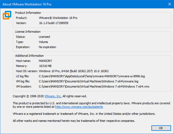 VMware Workstation Pro 16.1.0 Build 117198959