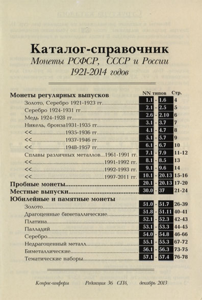 Монеты РСФСР, СССР и России 1921-2014 годов. Редакция 36. Содержание